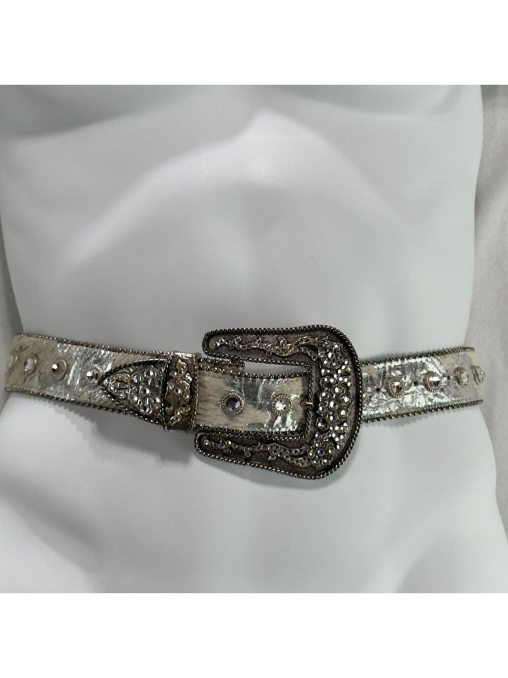 LEATHEROCK Womens Silver Metallic Belt Crystal Embellished Buckle & Studs 34M